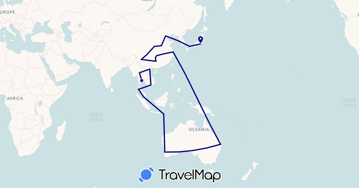 TravelMap itinerary: driving in Australia, China, Indonesia, Japan, Malaysia, Singapore, Thailand, Vietnam (Asia, Oceania)